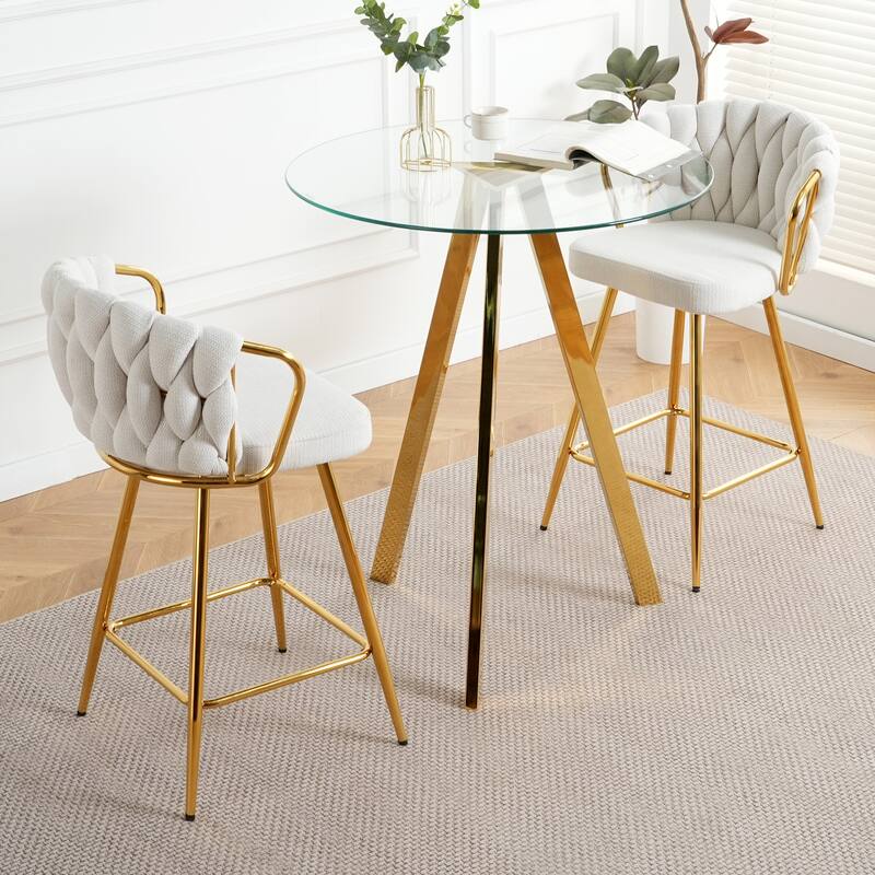 Stylish cotton and linen design, -plated metal table legs, round tempered glass countertop, bar chair cover(set of 3)