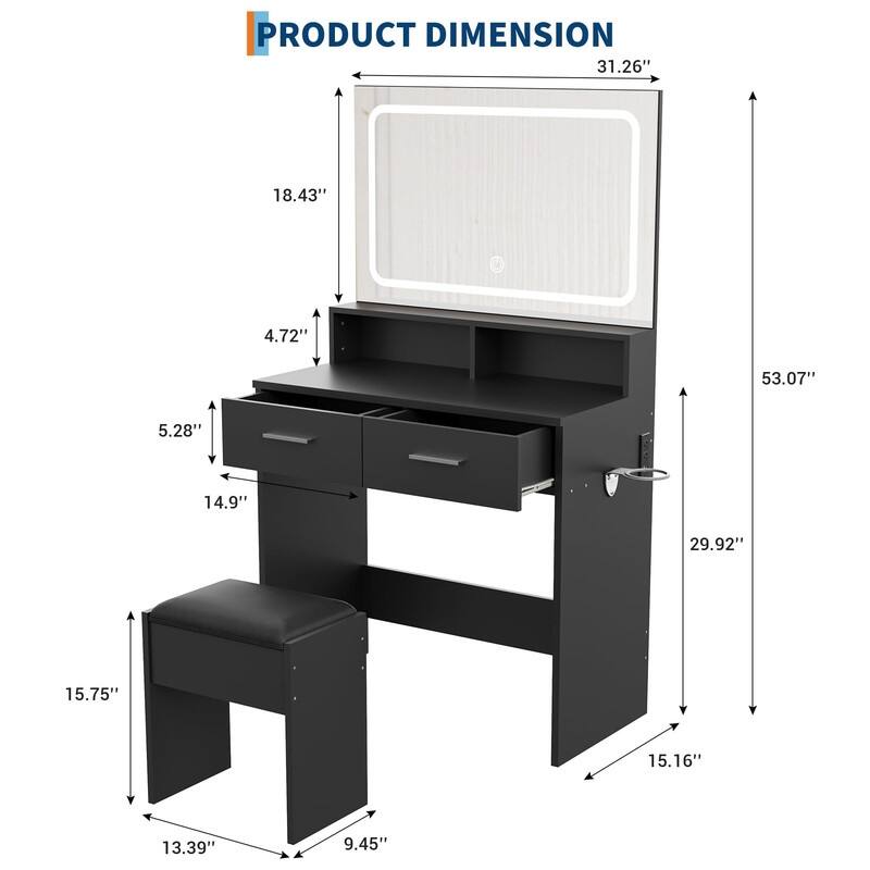 Makeup Vanity Table with LED Mirror, Stool, Power Outlets, 2 Drawers & Storage