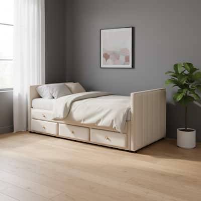HomeRoots Beige Tufted Velvet Upholstered Twin Day Bed With Trundle And Drawers