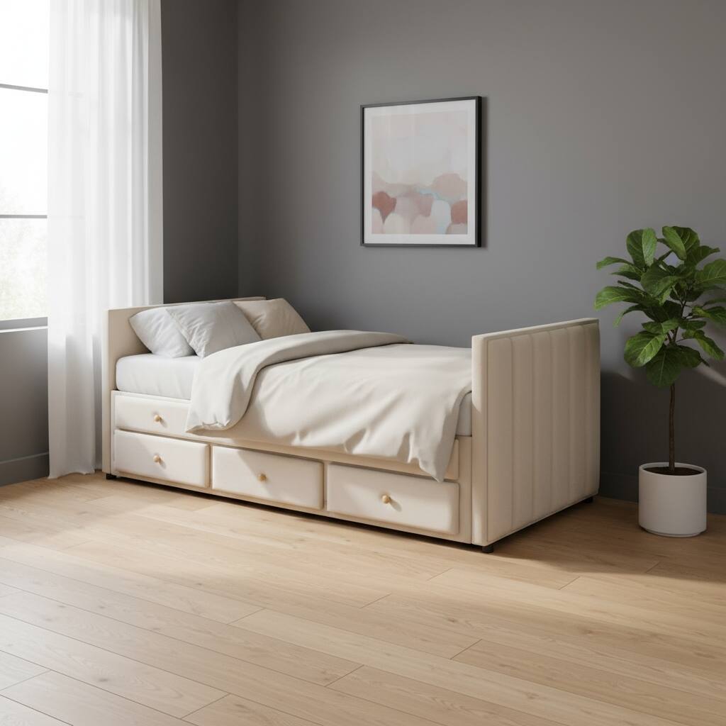 HomeRoots Beige Tufted Velvet Upholstered Twin Day Bed With Trundle And Drawers
