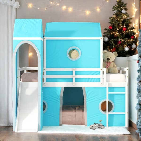 slide 2 of 15, Modren Twin Size Bunk Bed With Slide Blue Tent and Tower,Spacious Under Bed Space for Bedroom