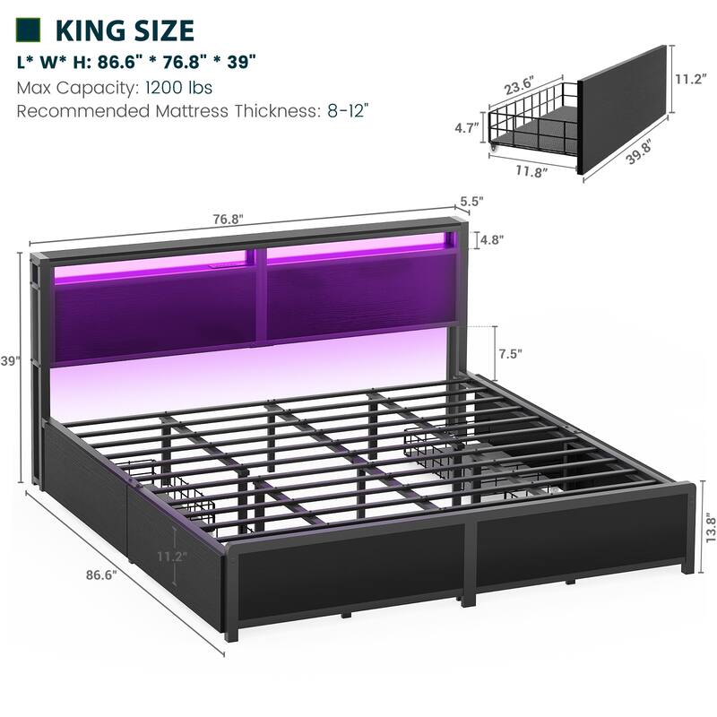 Platform Bed with Hiden Drawers, Bed Frame with Headboard and Charging Station