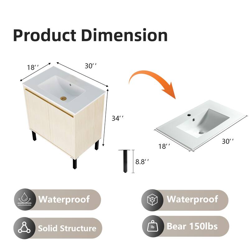 GDFStudio - Ari Modern Aesthetic Freestanding Bathroom Vanity with Ceramic Sink, Soft Close Drawers & Large Storage Spaces
