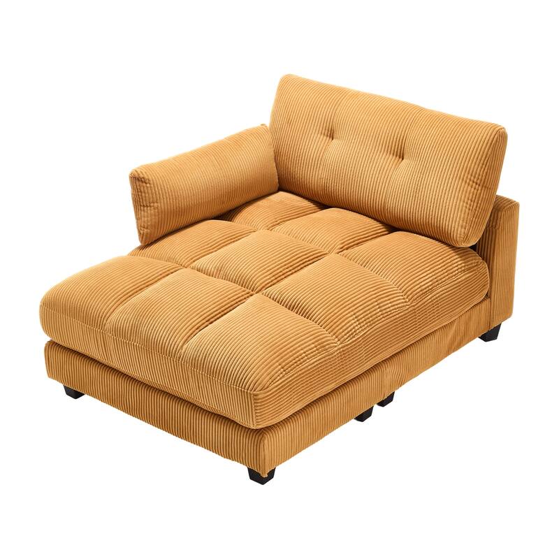 Oversized Corduroy Upholstered Single Chaise Lounge Sofa Couch Switchable Armrest with Cup Holders, USB Ports and Pockets