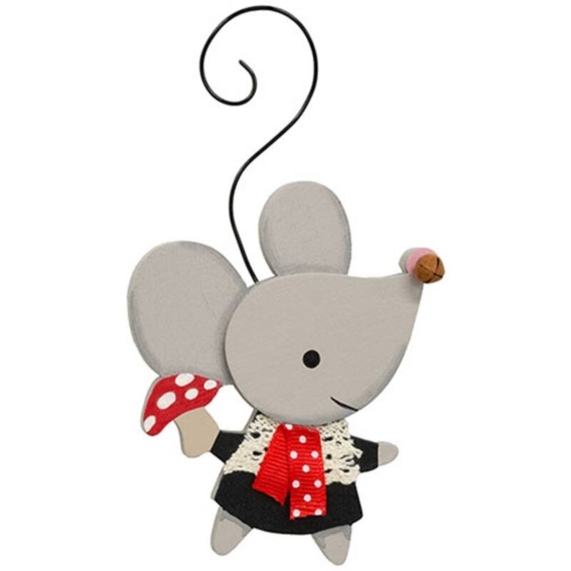 Grey Wooden Mouse Ornament with Mushroom Layered Design and Jingle Bell Holiday Decor - 6" H x 3.25" W x .5" D