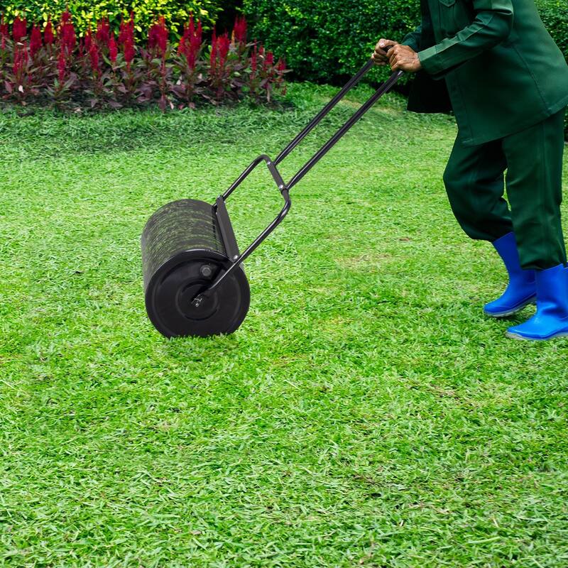 Black 10 Gallon Steel Lawn Roller with U-Handle for Even Grass and Sod Flattening - (19 x 12.6 x 43)" (L x D x H)