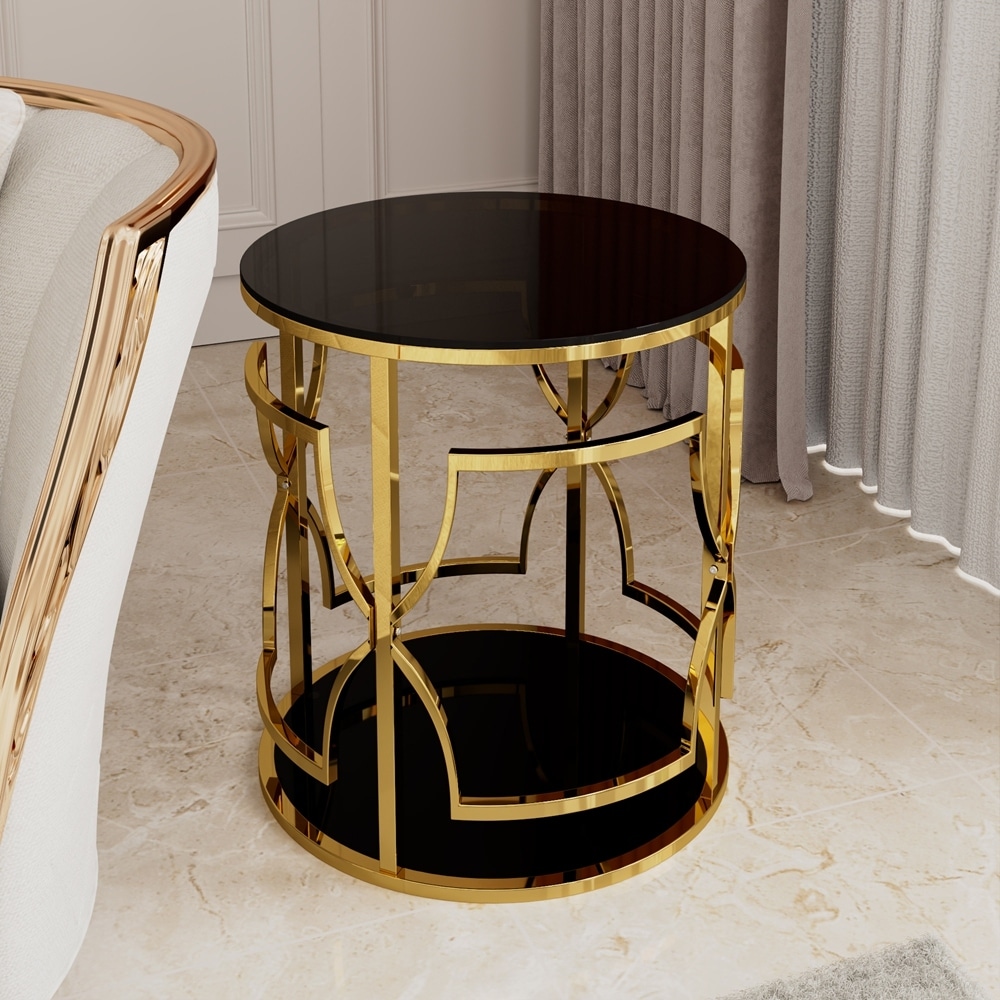 Round Side Table with Tempered Glass Top and Storage Shelf