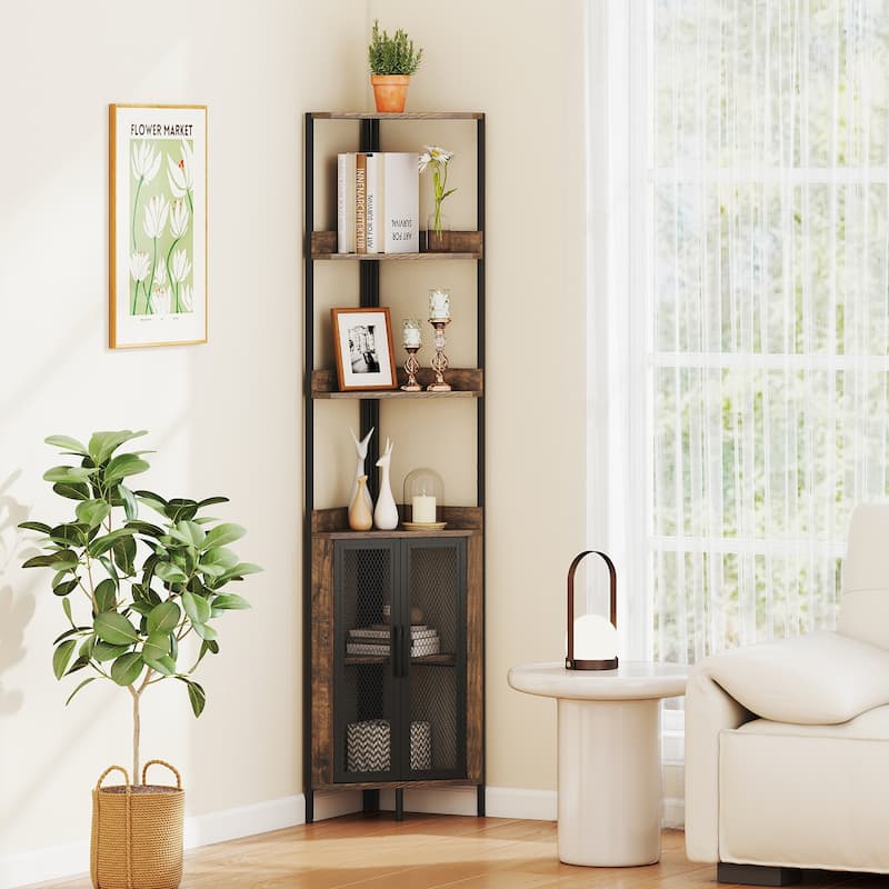 Gymax 6-Tier Corner Shelf 67'' Tall Corner Bookshelf w/Cabinet &