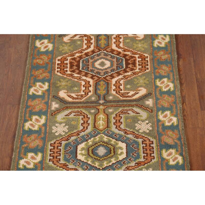 Green Geometric Kazak Runner Rug Hand-Knotted Traditional Wool Carpet - 2'8"x 9'8"