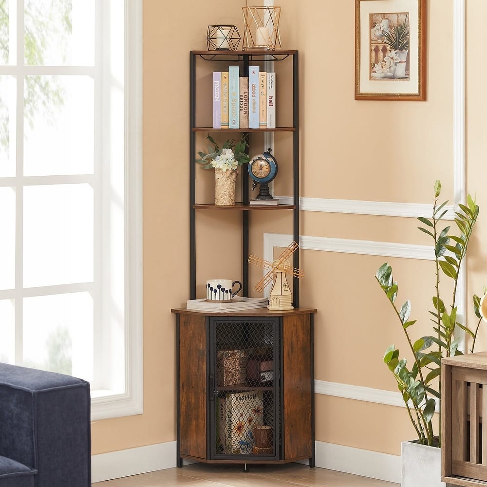 VECELO 5-Tier Triangle Corner Bookcase Tall Storage Shelf with Cabinet Doors & Hooks for Living Room Kitchen Office
