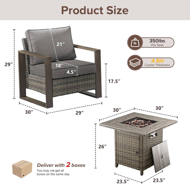 Meyreso 3-Piece Wicker Patio Conversation Set with Fire Pit & Plush 4.5" Olefin Cushions