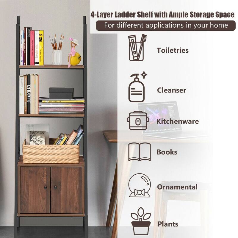 3-Tier Ladder Shelf Metal Frame Bookcase with Cabinet for Storage - 20.5" x 15.5" x 63"