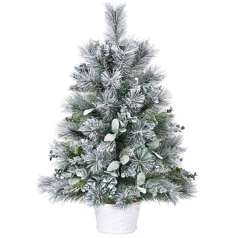 Mini Flocked Tabletop Christmas Tree - Eucalyptus & Pine Needle Accents, Plastic Cement Base, Desk/Mantel Decor - White+Green