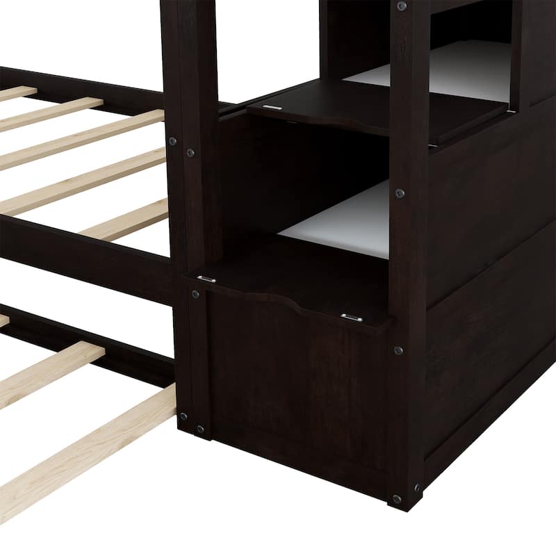 Kids Twin Ove Twin Bunk Bed with Pull-Out Trundle and 3 Storage Stairs, Safety Guardrails and Armrest