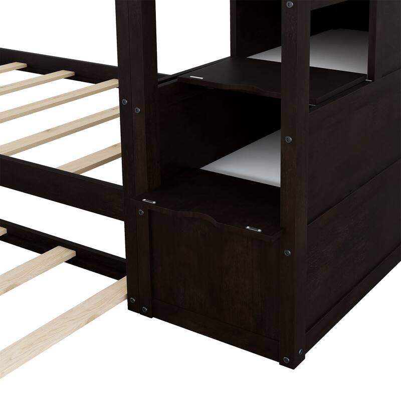 Twin-Over-Twin Bunk Bed with Trundle and 3 Storage Stairs, Espresso Finish