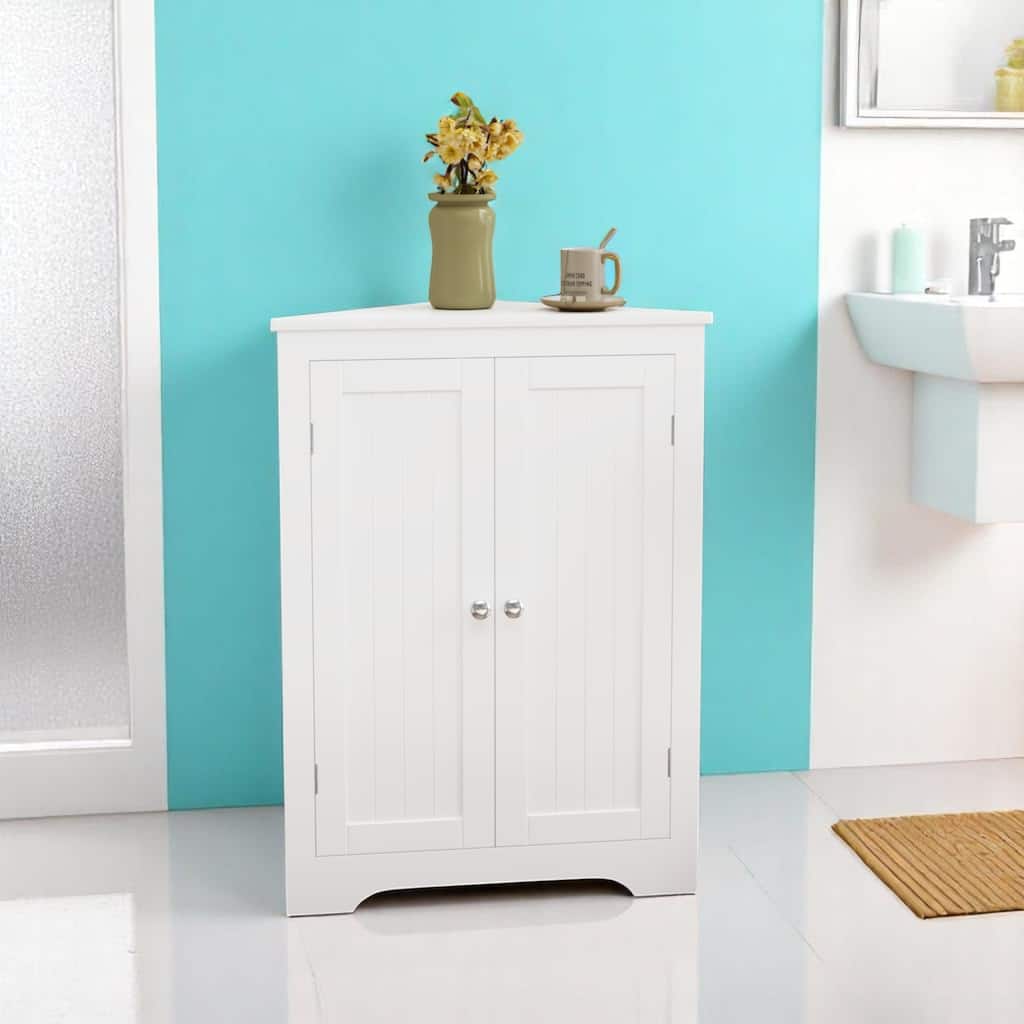 Narrow Corner Storage Cabinet with Doors and Shelf, Space Saving Floor Cabinet for Bathroom or Kitchen, White MDF
