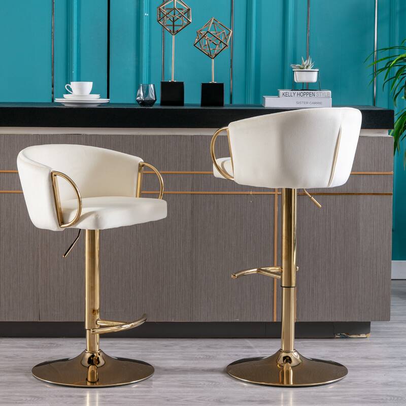 2 Velvet Bar Stools with Chrome Footrest and Base Swivel Height Adjustable - N/A
