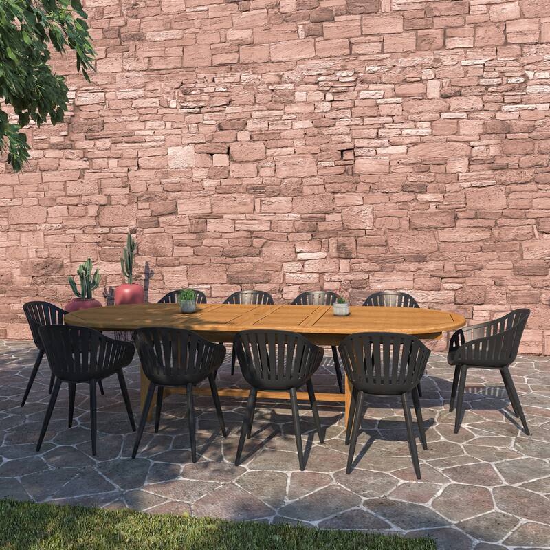 Amazonia Torrington 11pc Certified Teak Outdoor Patio Dining set - Black Armchair - Aluminum Legs