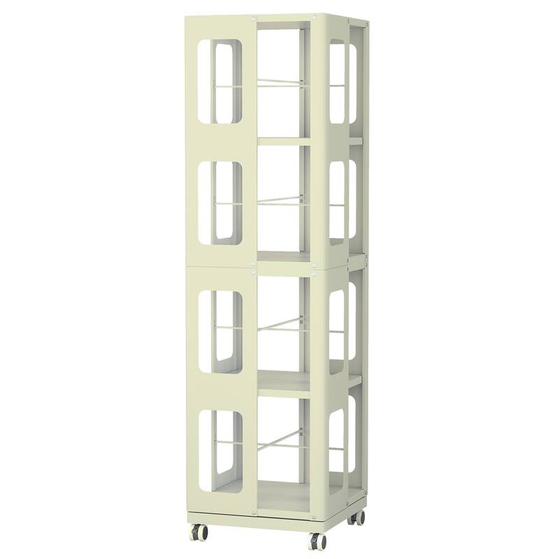 Rotating Bookshelf Tower 4 Tier All-Steel with 360° Wheels，Moveable Storage Rack Corner Bookshelf