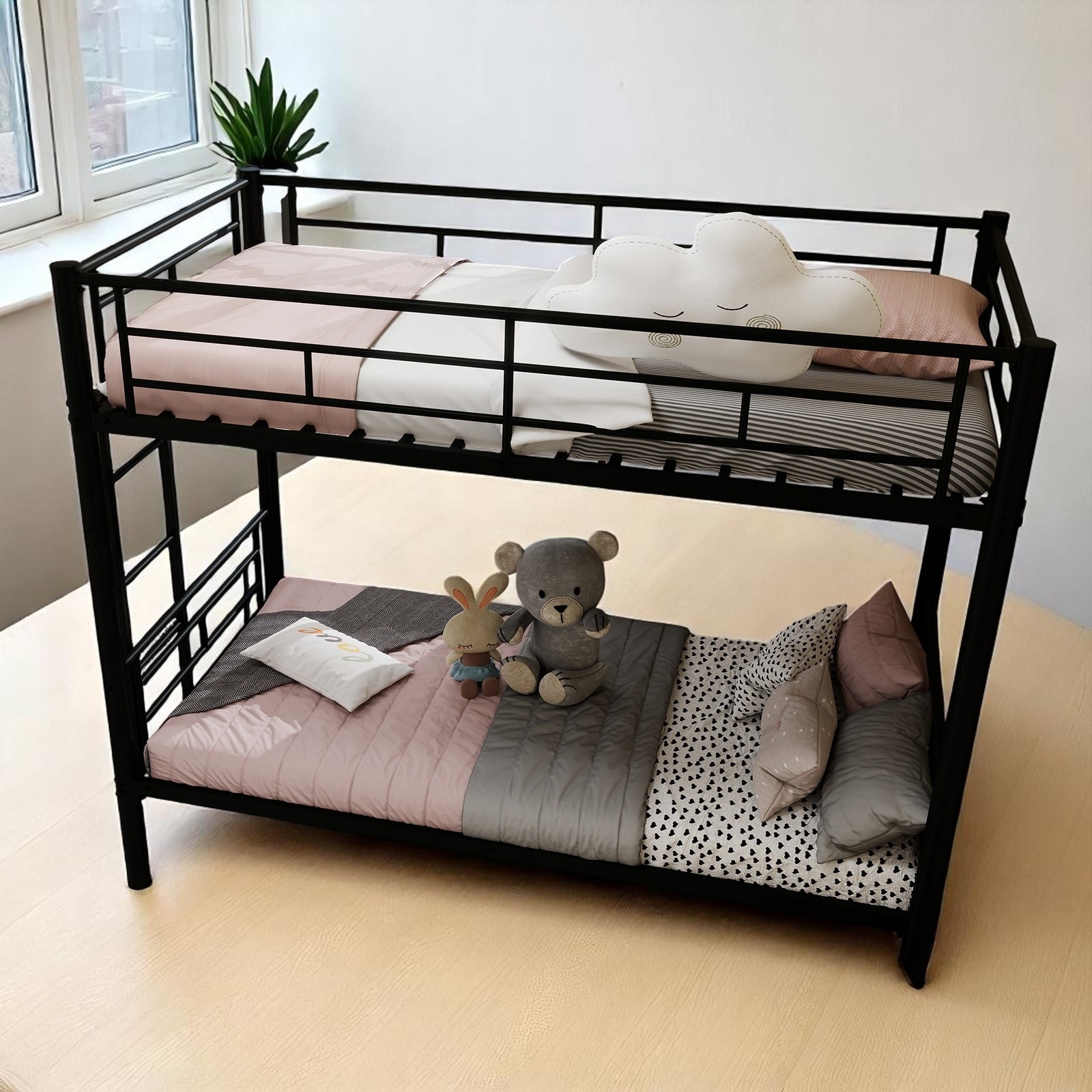 Metal Twin Over Twin Bunk Bed with Convertible Frame, Sturdy Steel Construction, Guardrails, Non-Slip Ladder