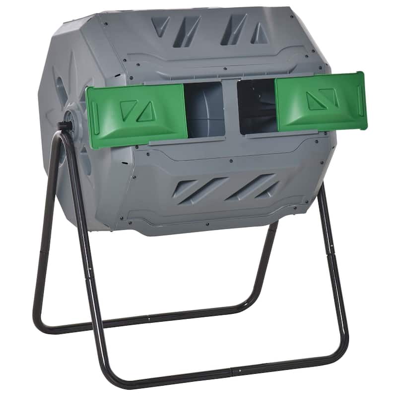 Outsunny Tumbling Compost Bin Outdoor Dual Chamber 360-deg Rotating Composter 43 Gallon w/ Sliding Doors & Solid Steel Frame