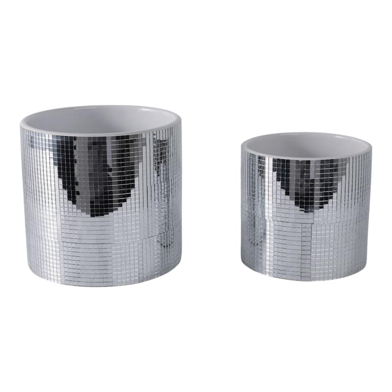 Stoneware Mirrored Tile Metallic Planters (Set of 2) - 7", 6" Silver - 7" x 7" x 7" - Silver/ Metallic - 7" x 7" x 7"
