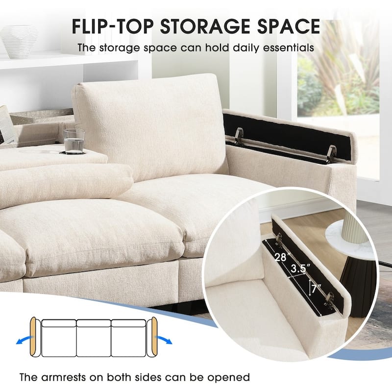 96'' Sectional Sofa with Bluetooth Speaker, Drop Down Table, USB Charger, Storage Armrest