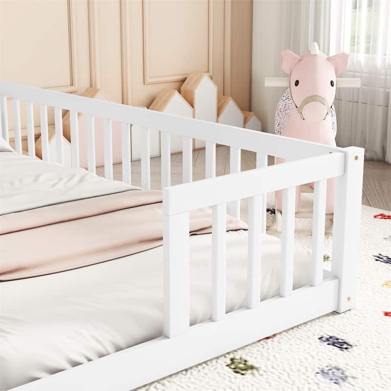 Double Twin Floor Bed with Fence, Guardrails,Without Door