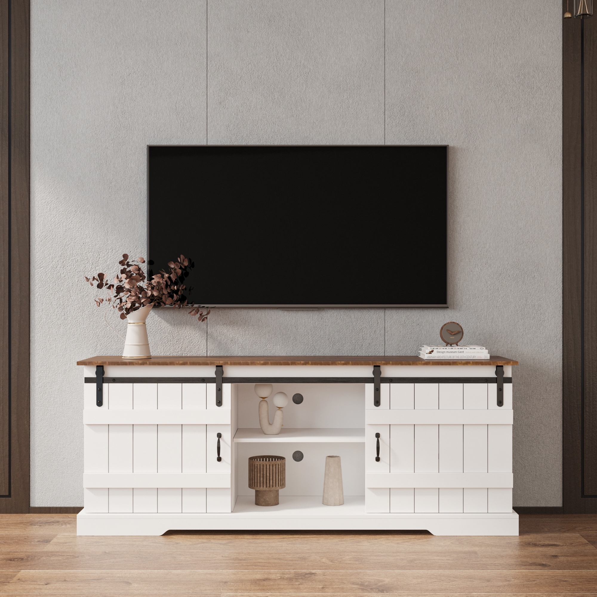 White Farmhouse Sliding Barn Door TV Stand for 80 Inch TVs Open