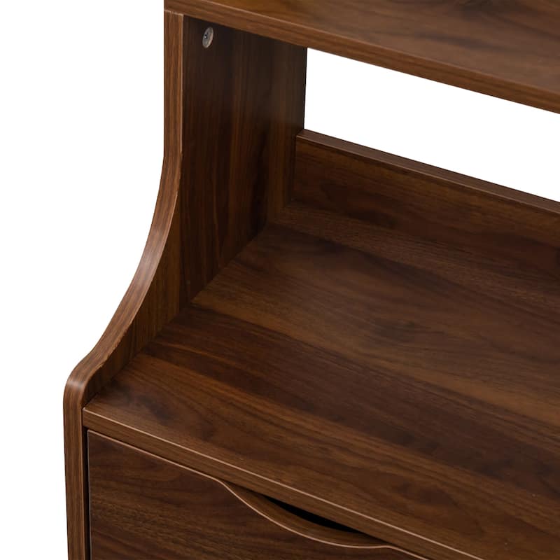 Tall Nightstand with Bookshelf, Bedside Table with 4-Shelf Storage Rack, Couch Side Table with 2 Storage Drawers