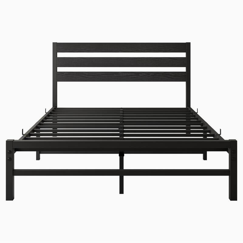 Metal Platform Bed with Rustic Wooden Headboard