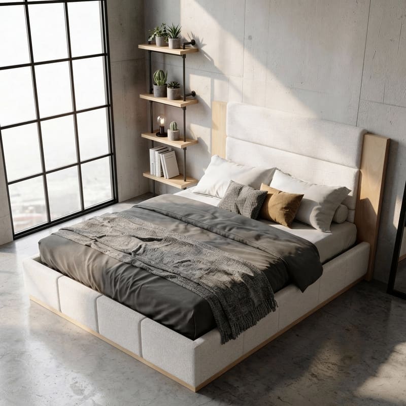 Upholstered Bed Low Profile Platform Bed Modern Wood Base Grounded Bed with Extended Wood Headboard and Upholstered Wingback