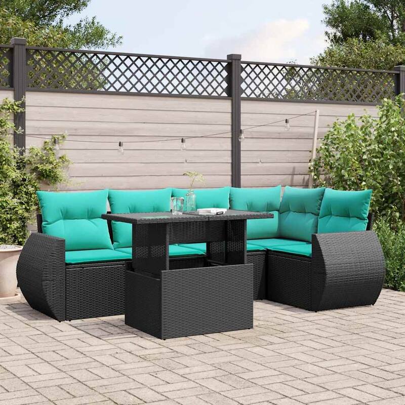 vidaXL 6 Piece Patio Sofa Set with Cushions Black/Brown/Gray Poly Rattan - Black without storage
