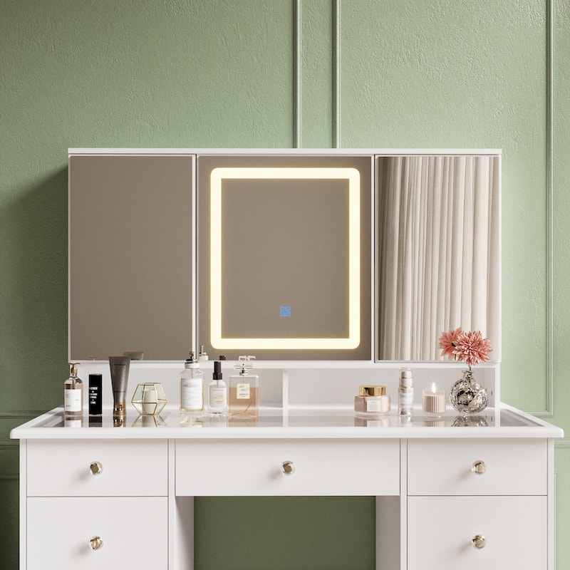 43" White Makeup Vanity Desk with LED Lighted Mirror, Tempered Glass Top, 9 Drawers Storage Dressing Table