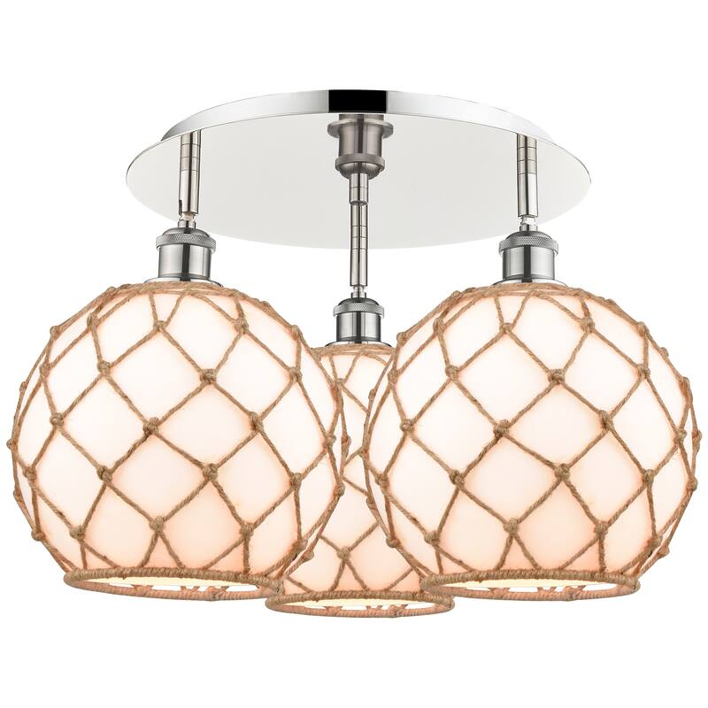 Innovations Lighting Endless Possibilities Ballston - Farmhouse Rope - 3 Light 22" Flush Mount - White Glass with Brown Rope/Polished Nickel