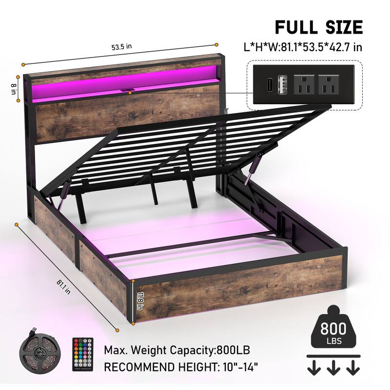 Rustic Brown Platform Bed Hydraulic Lift Storage Bed Frame, RGB LED Headboard with Charging Station, No Box Spring Needed