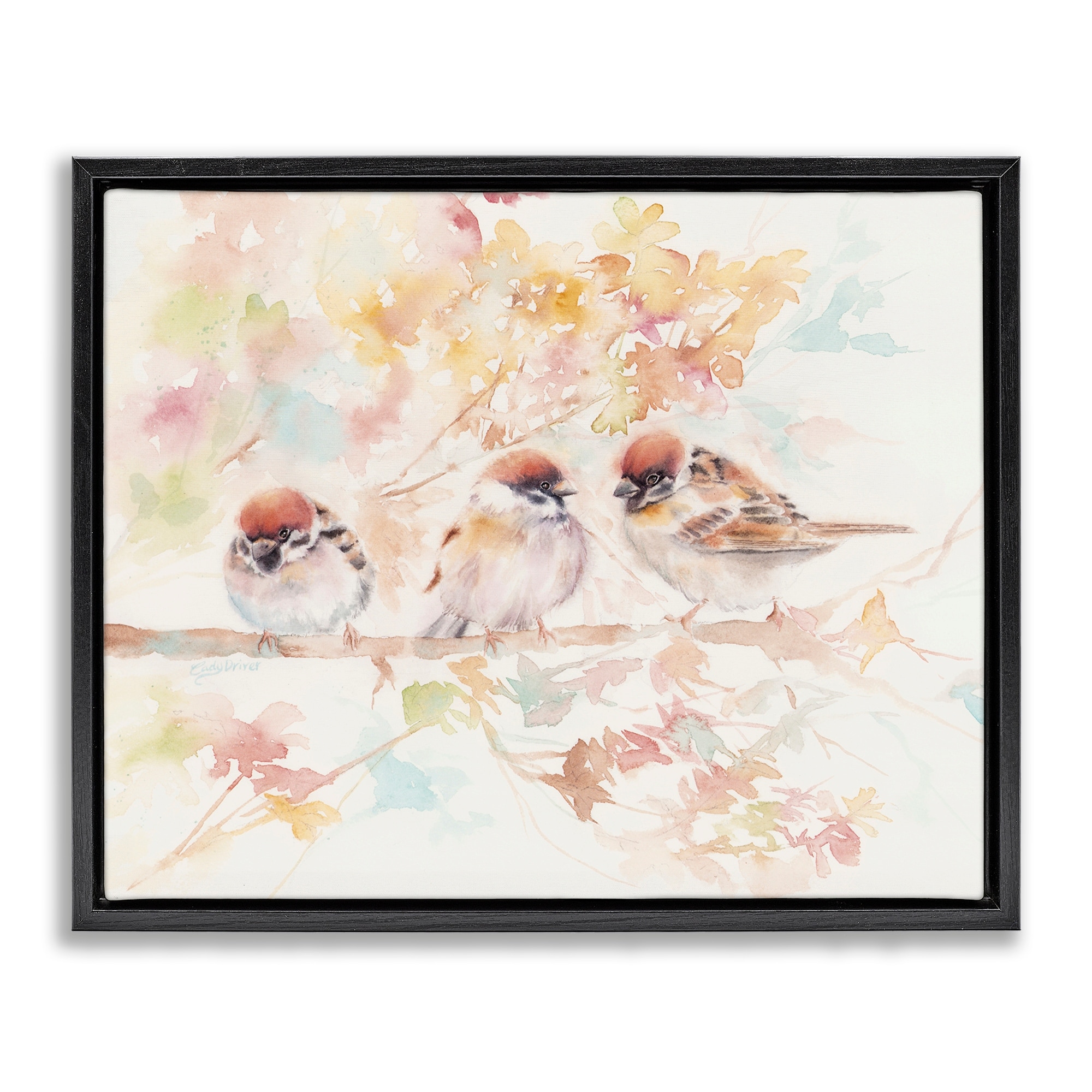 Stupell Trio of Birds on Watercolor Branch Framed Floater Canvas Wall Art Design By Cady Driver