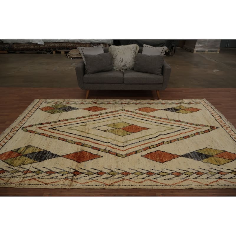 Hand Knotted Oriental 100% Wool Carpet Modern Tribal Beige & Ivories Moroccan Area Rug - 10' 3'' X 7' 0''