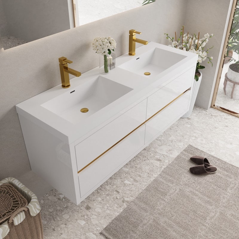 ABRUZZO 60" Floating Bathroom Vanity Double Sink with Stone Resin Top Four Soft Close Drawers