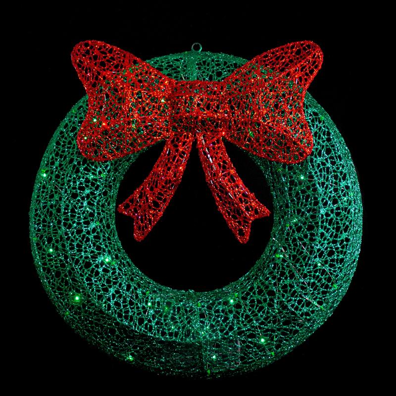 24" LED Green Glitter Wreath with Red Bow Outdoor Christmas Decoration
