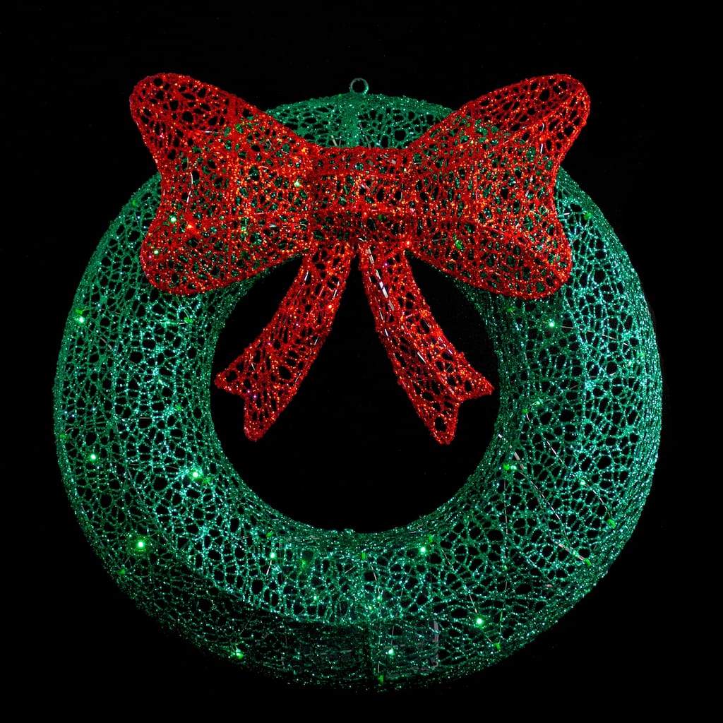 24" LED Green Glitter Wreath with Red Bow Outdoor Christmas Decoration