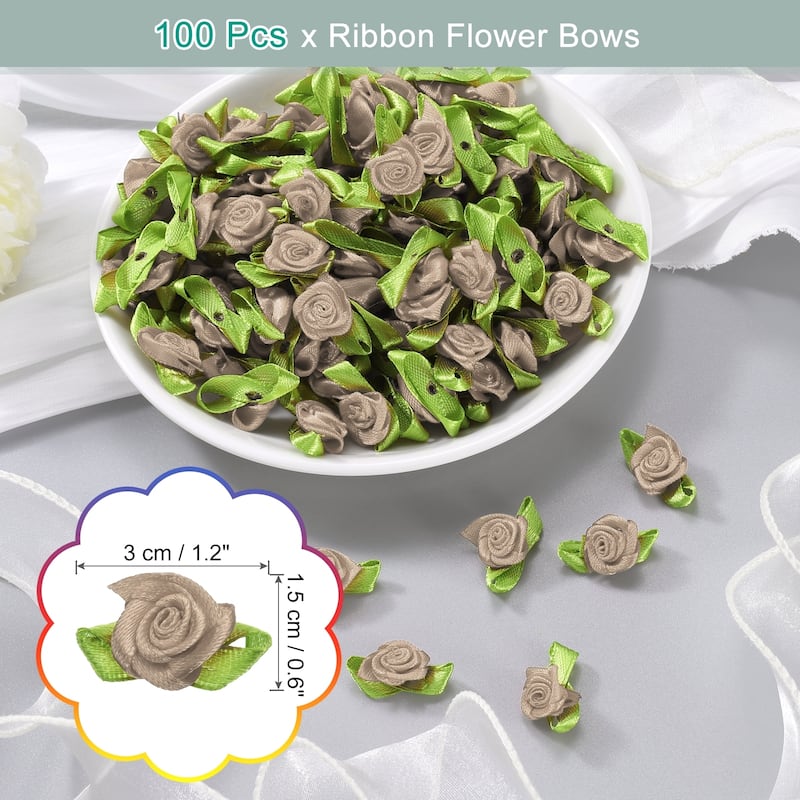 100 Pcs Mini Ribbon Roses Flowers Bows for Crafts, 15mm/0.6" Dia - Light Brown