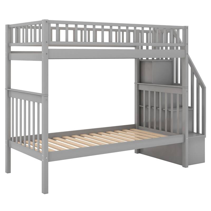 Twin Over Twin Bunk Bed with Trundle and Storage, Gray