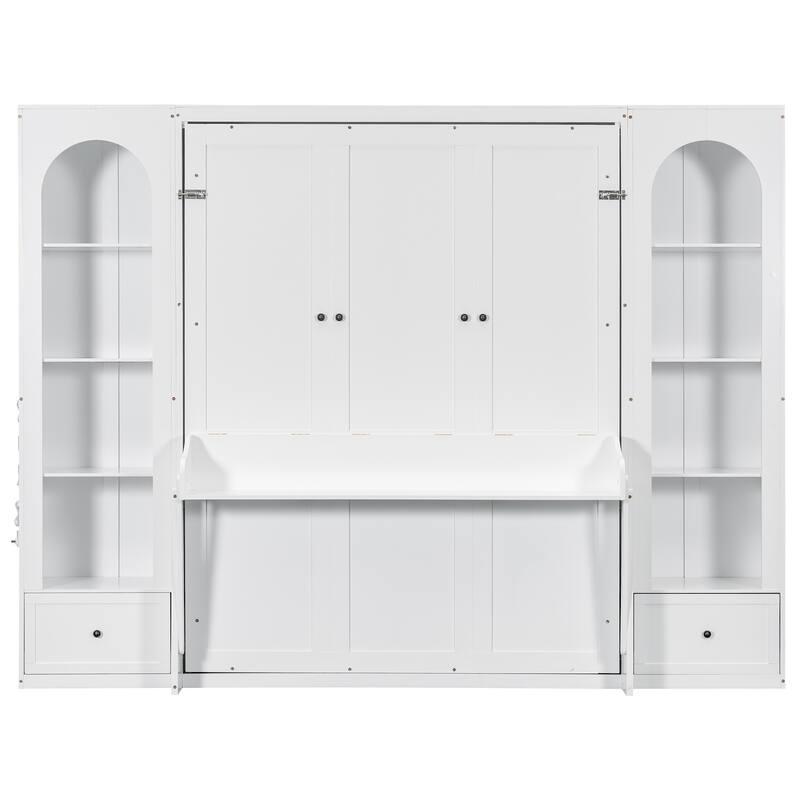 Queen Size Murphy Platform Bed, Hidden Murphy Wall Bed Cabinet with LED Storage Shelves and Drawers, Wood Folding Hideaway Beds