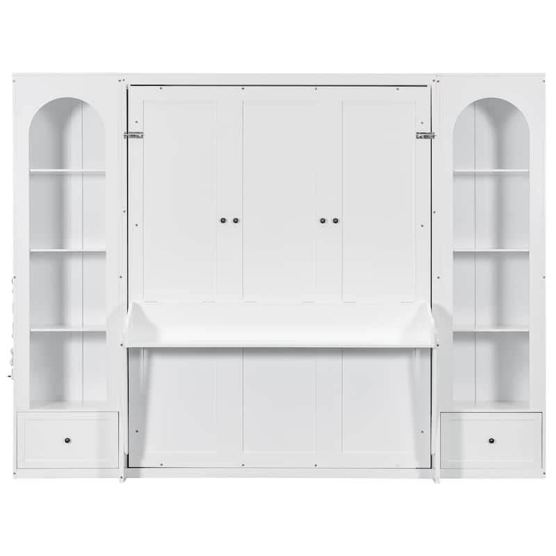 Queen Size Murphy Platform Bed with Shelf, Side Cabinets, Drawers, and LED Lights French Style - White - Queen