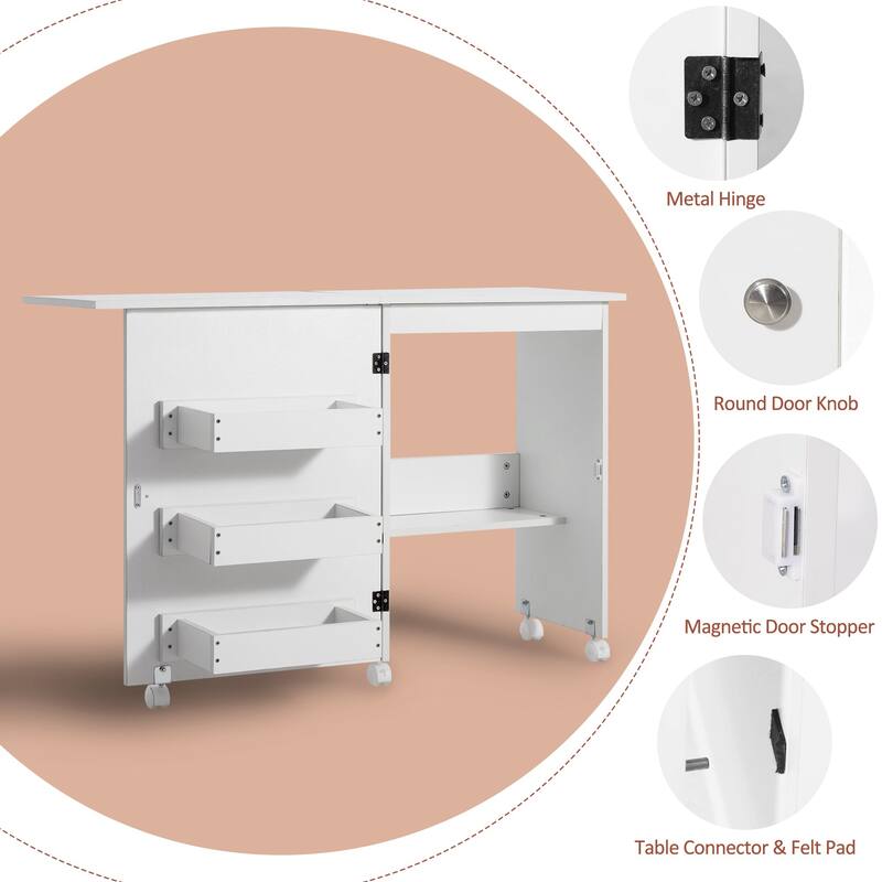 Folding Sewing Craft Table Rolling Sewing Cabinet with 3 Hidden Storage Bins, Shelf Storage Cabinet