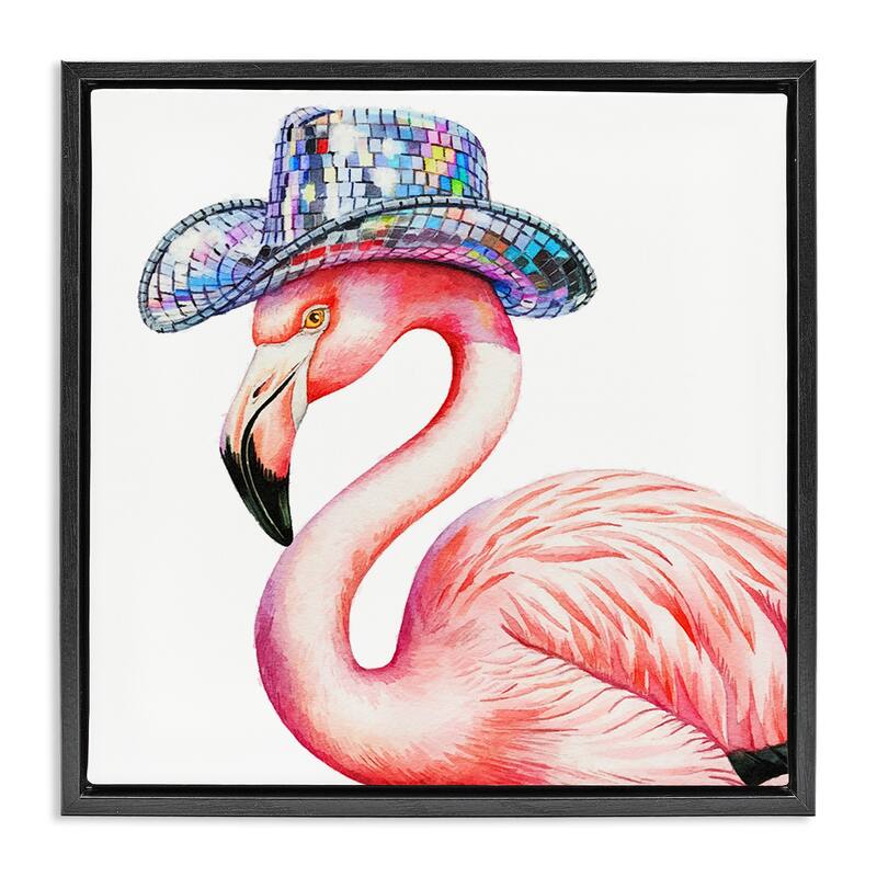 Stupell Disco Hat on Flamingo Framed Floater Canvas Wall Art Design By Amanda Greenwood - 18 x 18 - Black