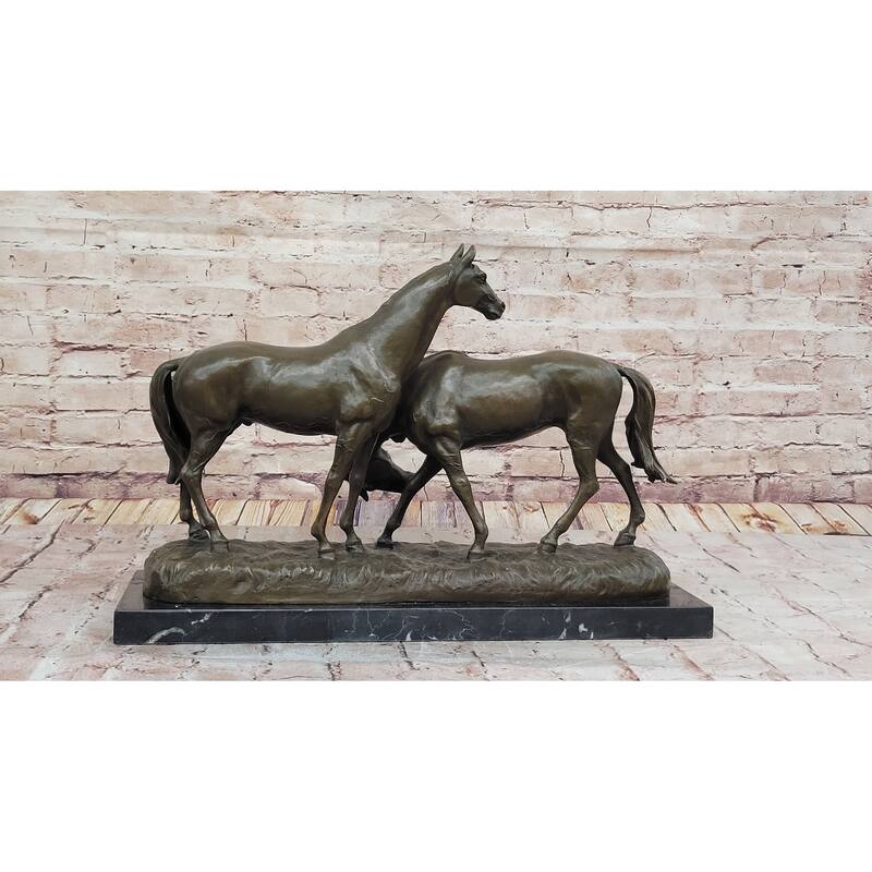 Necking Imitative Horses Equestrian Imitative Horse Lover Bronze Sculpture Statue Art Figure Marble Base