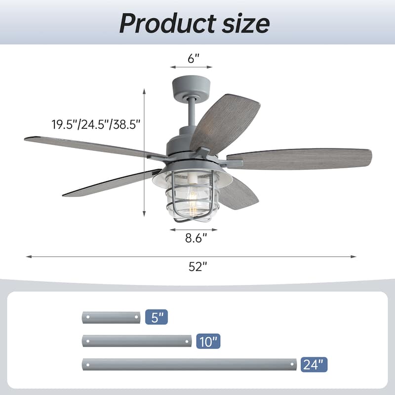 52-Inch Cement Grey Ceiling Fan With E26 Light,Glass Lampshade,5 Plywood Blades,Noiseless DC Motor,6 Wind Speed