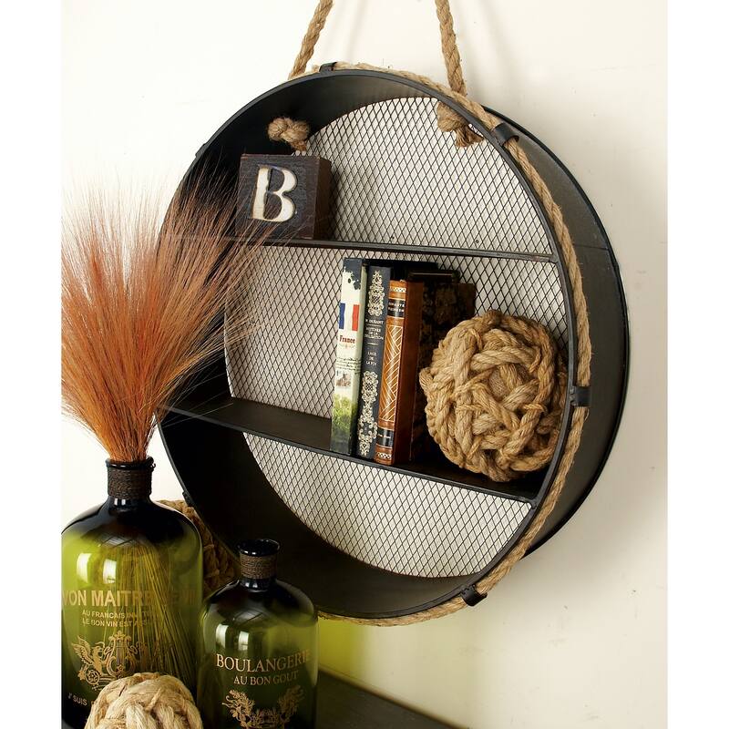 Metal Round 2 Shelves Wall Shelf with Hanging Rope - Black - Roche River Decor - 6"W x 24"L x 24"H
